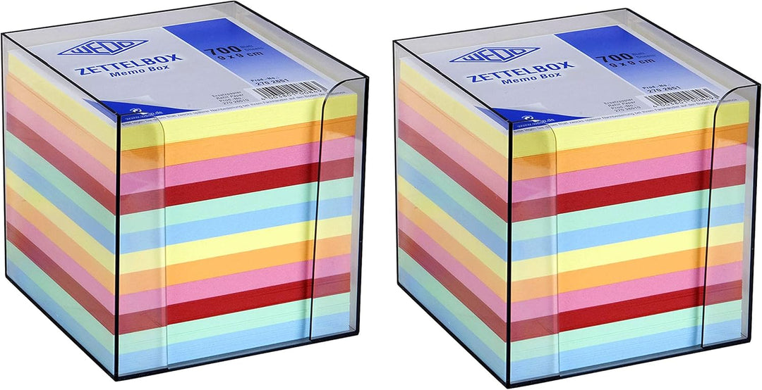 WEDO Zettelbox Kunststoff (9x9 cm, rauchglas gefüllt, 700 Blatt, 6 farbig) (2X Zettelbox)