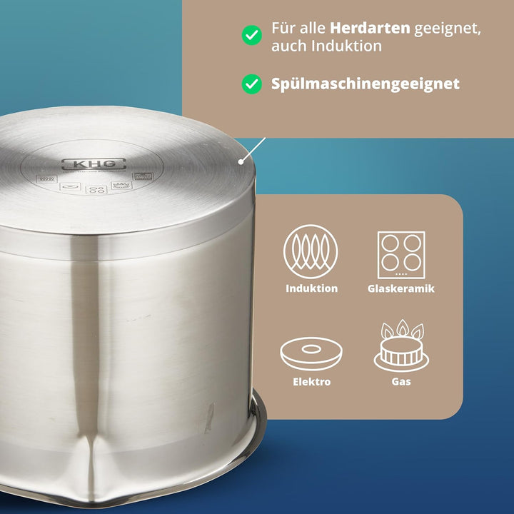 KHG Topf Kochtopf Milchtopf 14 cm Induktion, Edelstahl unbeschichtet | 11,5 cm hoher Rand, 1,5 Liter