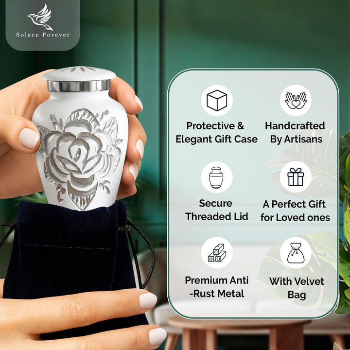Weisse Rosenurne – Kleine Urne für Asche – Weisse Miniurne mit Premium-Box und Tasche – Weisse Anden