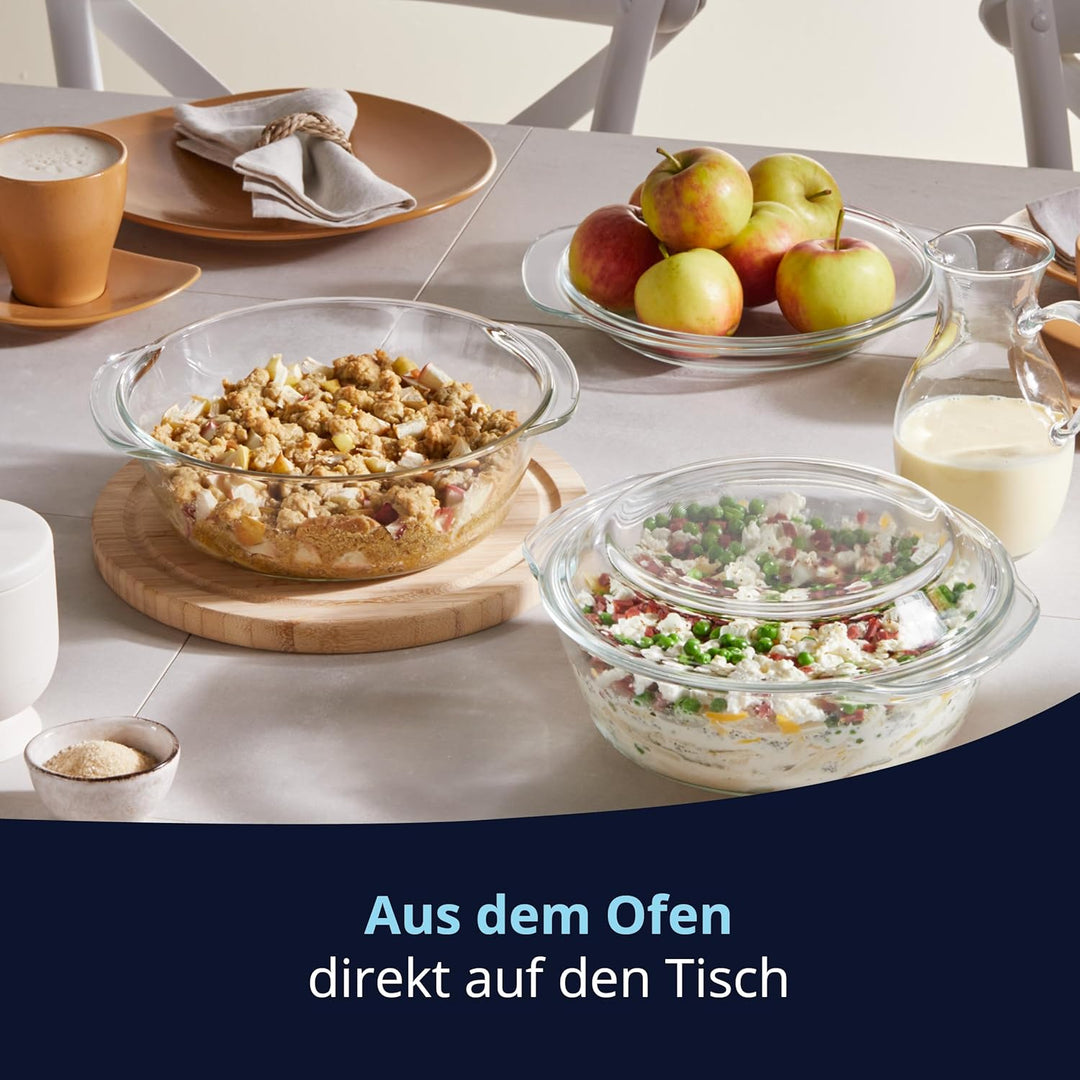 KHG Auflaufformen aus Glas mit Deckel 2er Set 2 Liter Rund für kalte & warme Speisen, spülmaschinenf