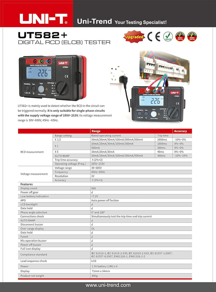 UNI-T UT582+ Digital RCD (ELCB) Tester Auto RAMP Leakage Circuit Breaker Meter mit Mis-Operation Buz