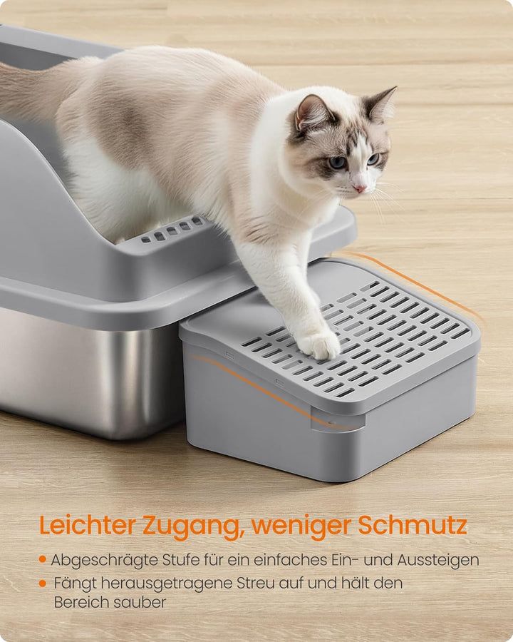 Feandrea Katzenklo Edelstahl, Katzentoilette, offenes Design, mit hohen Seitenwänden, Trittstufe, Sc
