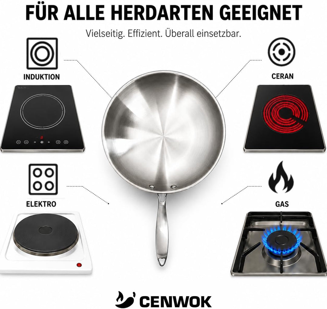 ⌀30 cm Wok Pfanne aus Edelstahl, unbeschichtet &amp; langlebig, 3-lagiges Material für optimale Wärmever