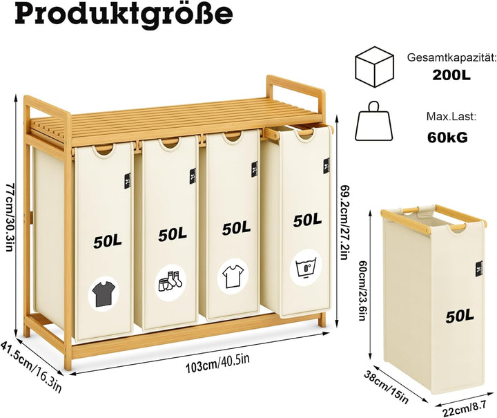 AdelDream Wäschekorb 200L, 4 Fächer Wäschesammler mit Ablage, Bambusrahmen | Wäschesortierer mit 4 x