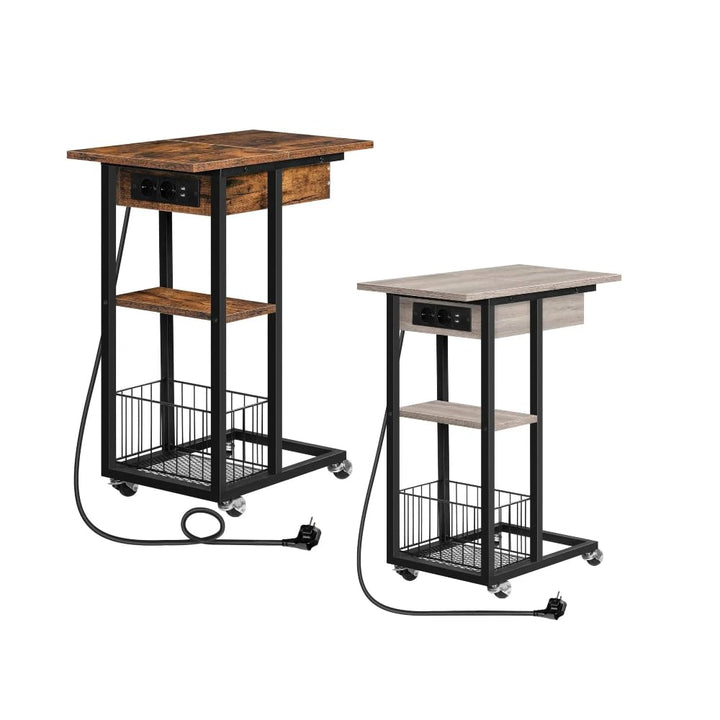 HOOBRO Beistelltisch mit Ladestation, Flip C-Form Sofatisch, Couchtisch mit Rädern und Ablagefläche,