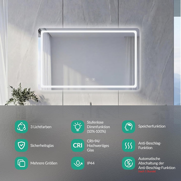 Badspiegel mit Beleuchtung 80x60cm Antibeschlag HD Silber-Spiegel | Wandspiegel mit 3 Farben &amp; Dimmb
