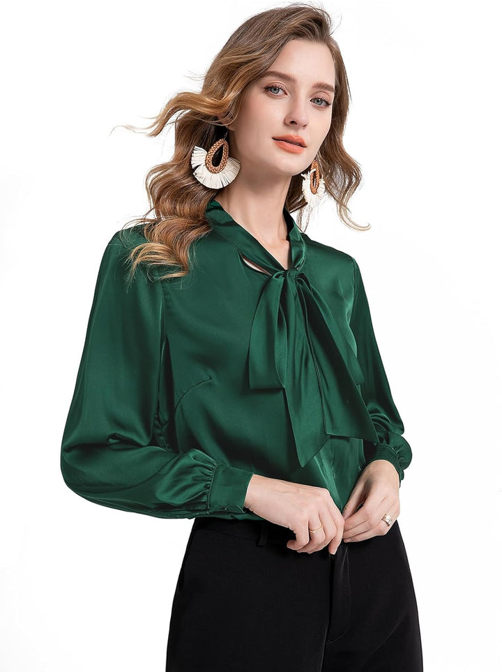 Tapata Bluse Damen Elegant Satin Button Down Hemd mit Schleife Female Hemdblus Langarm Business Lang