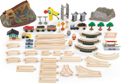 KidKraft Bucket Top Holzeisenbahn Baustelle mit Aufbewahrungsbox mit Deckel, Eisenbahn Set mit Zubeh