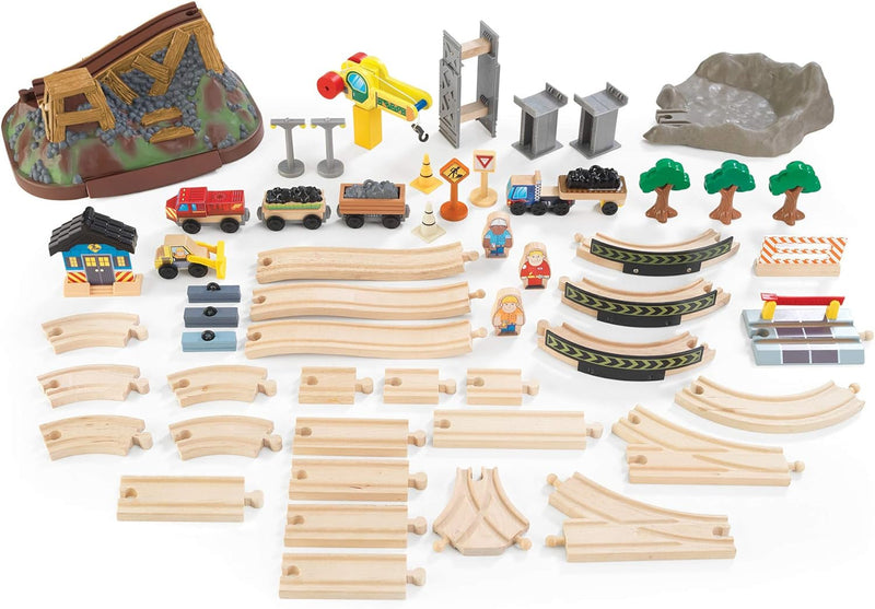 KidKraft Bucket Top Holzeisenbahn Baustelle mit Aufbewahrungsbox mit Deckel, Eisenbahn Set mit Zubeh