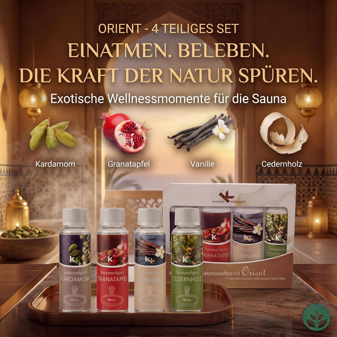 KK Saunaaufguss-Set"Orient" - Made in Germany - 4 verschiedene Duftsorten in einem Set - Kardamom, G