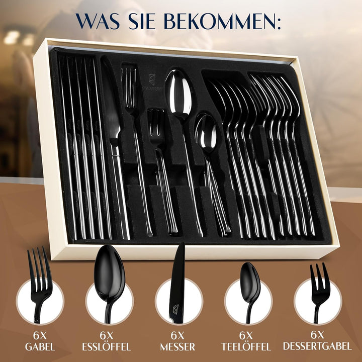 Glavory Stellar - Besteck Set Schwarz aus festem Edelstahl - Besteck für 6 Personen 30teilig - rostf