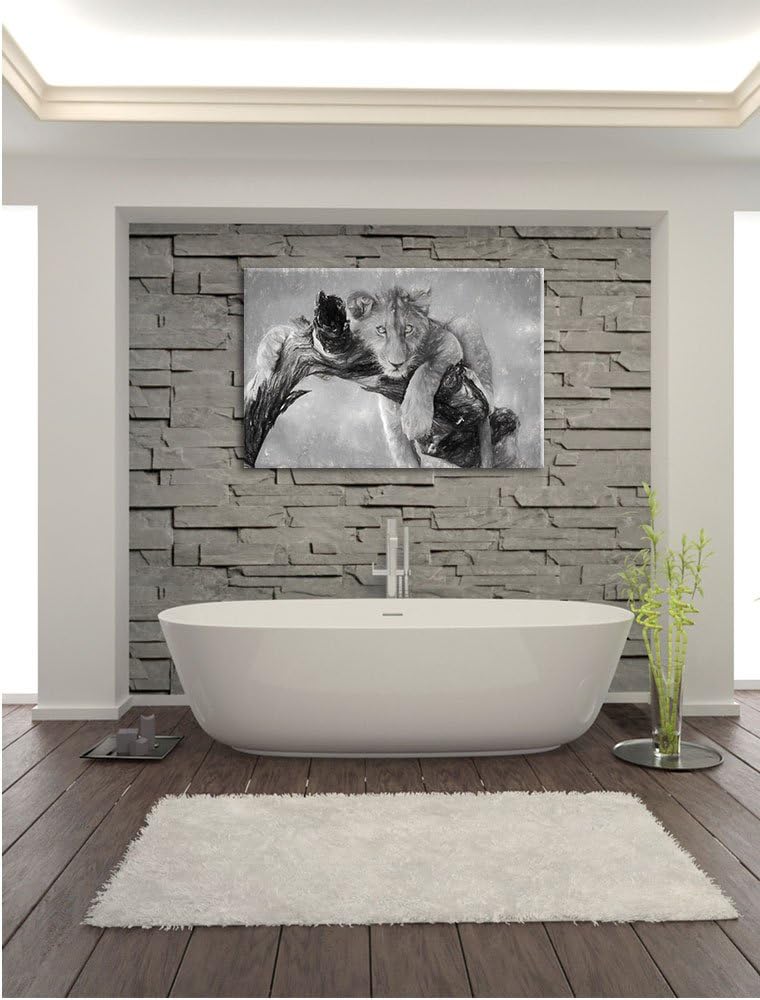 Pixxprint Junger Löwe in der Natur Kunst Kohle Effekt, Format: 100x70 auf Leinwand, XXL riesige Bild