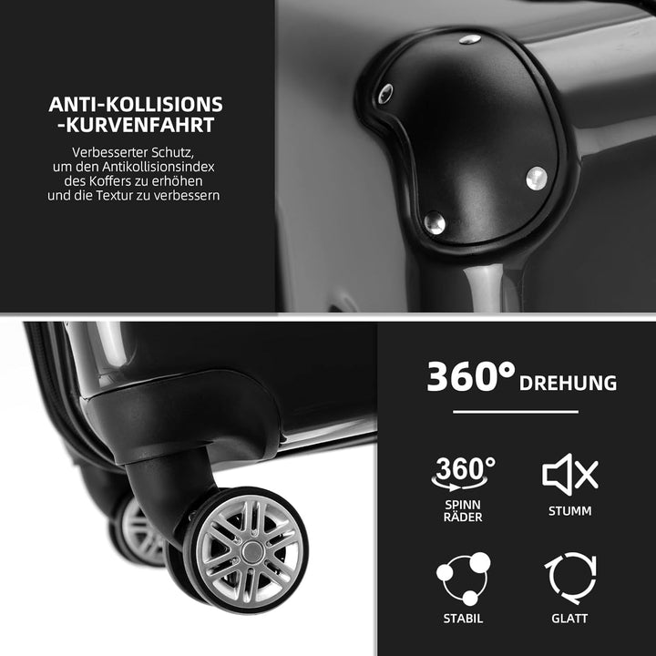 BEIBYE Hartschalen Koffer Trolley Rollkoffer Reisekoffer 4 Zwillingsrollen Polycabonat (Schwarz, 76c