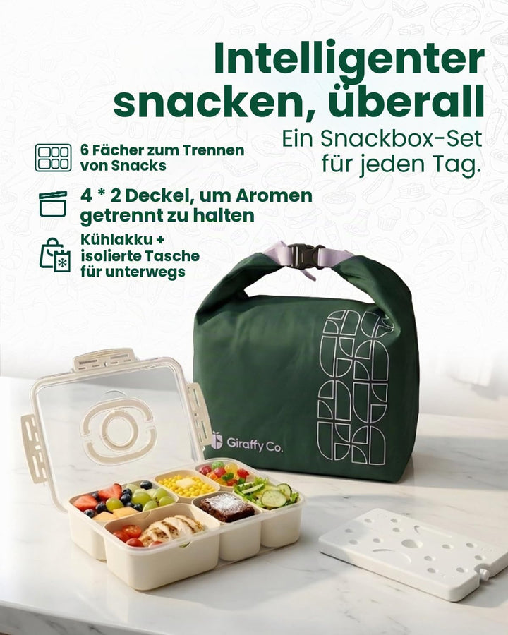 GIRAFFYCO Tragbare Snackbox mit isolierter Kühltasche & Kühlakku, 6 herausnehmbare Fächer mit Einzel