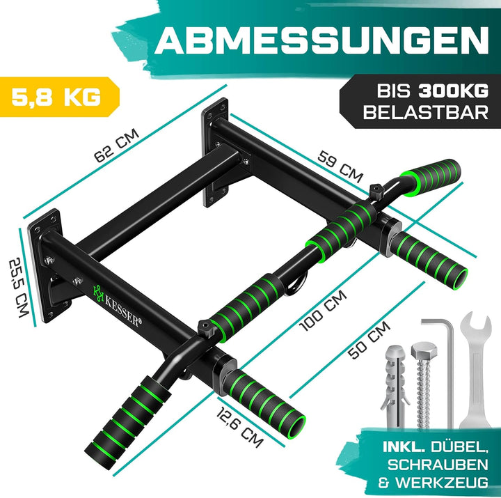 KESSER® 4in1 Klimmzugstange zur Wandmontage rutschfesten Griffen zusätzliche Funktion für Seile Ring