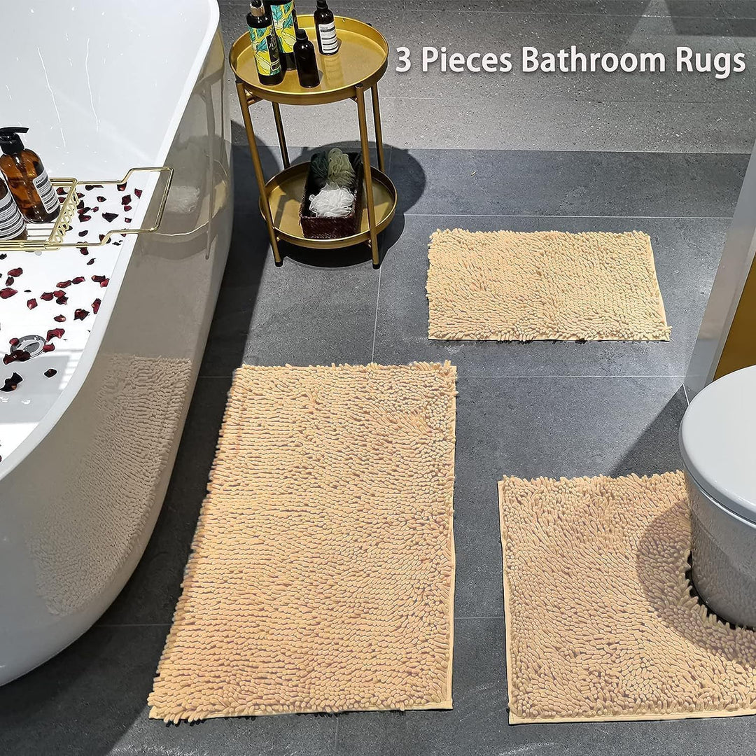 Badvorleger Set 3-Teilig-Weiches Badematten Set mit Rutschfester, Chenille Saugfähige Badteppiche Se
