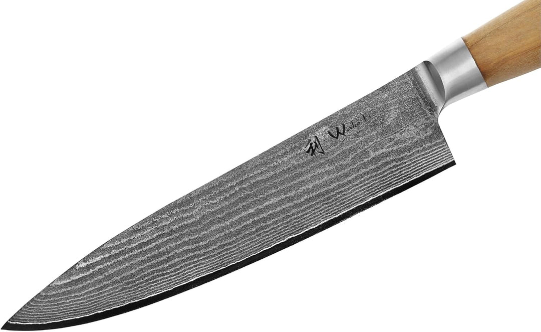 Wakoli Oliven Damastmesser - sehr hochwertiges Profi Messer mit Olivenholz Griff mit Damast Klinge,