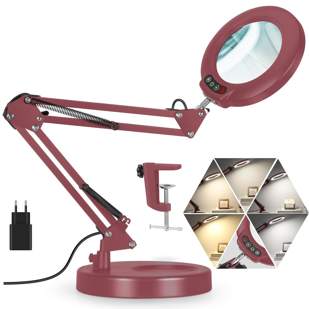 Veemagni 10X Lupe mit Licht, 5 Farbmodi Stufenlos Dimmbar 2-in-1 Schreibtischlampe und Klemme, LED B