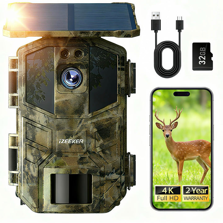 iZEEKER Solar Wildkamera 4K 64MP mit Handyübertragung App, WLAN & Bluetooth Wildtierkamera mit Beweg