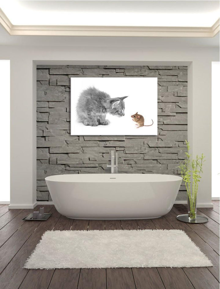 Katz und Maus schwarz/weiss Format: 100x70 auf Leinwand, XXL riesige Bilder fertig gerahmt mit Keilr
