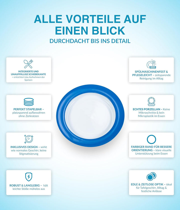 unisonoPLUS Suppenteller Porzellan Blau 22 cm – Spezialteller mit Schiebekante, rutschfest, spülmasc