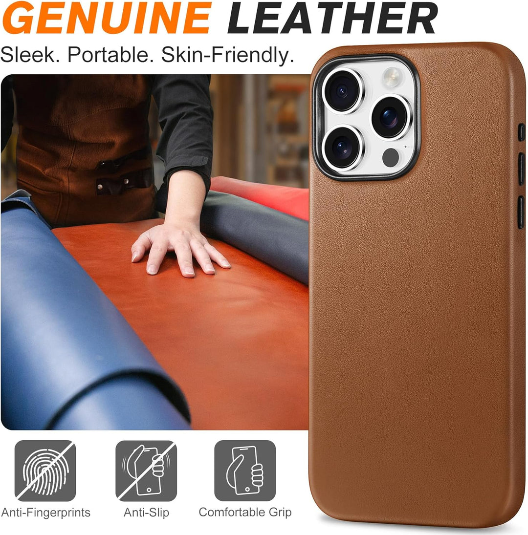 SHIELDON Hülle für iPhone 15 Pro Max Handyhülle Schutzhülle [Echtleder] [Kabellos Laden] [Elegant Au