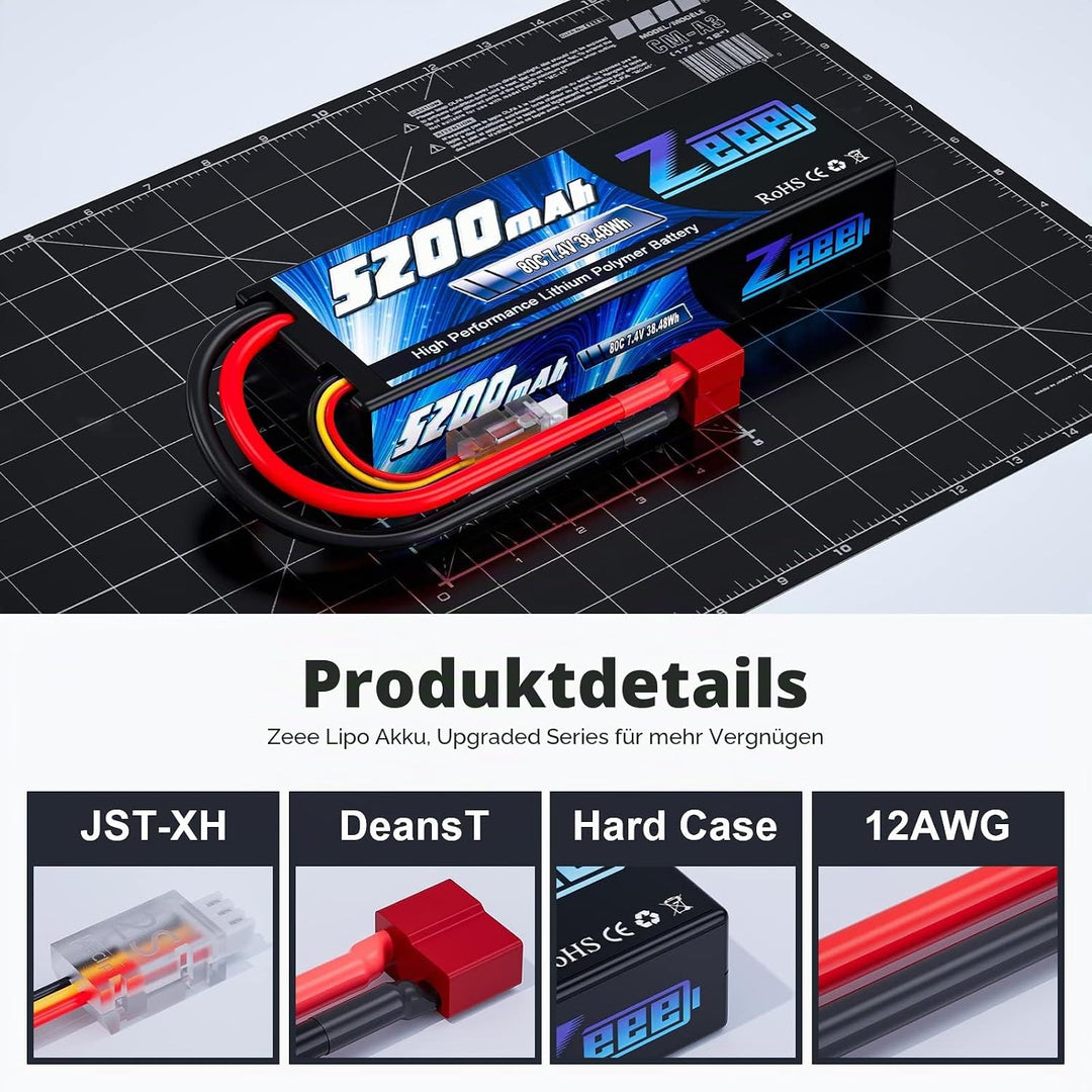 Zeee 2S Lipo Akku 5200mAh 7,4V 80C RC Lipo Batterien mit T Stecker für RC Evader BX Auto Car Truck L