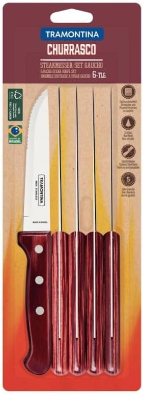 Tramontina Steakmesser Gaucho, Set 6-teilig, Edelstahl, Holzgriff rot, FSC, Mehrfarbig
