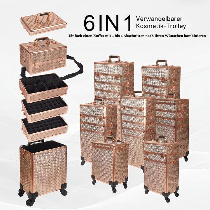 Kosmetikkoffer Trolley, 6-in-1 Schminkkoffer mit Spiegel &amp; Schloss, Grosser Kosmetik Reisekoffer Mak