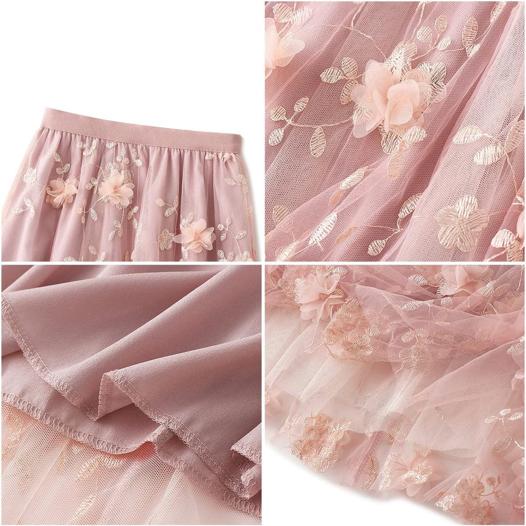Odizli Tüllrock Damen Lang Elegant Vintage Blume Stickerei Elastisch High Waist A Linie Swing Midi R