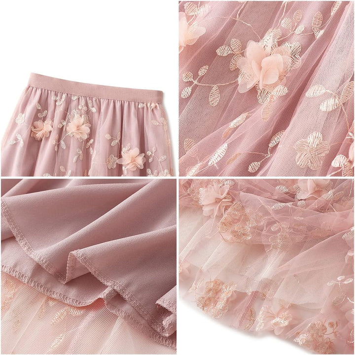 Odizli Tüllrock Damen Lang Elegant Vintage Blume Stickerei Elastisch High Waist A Linie Swing Midi R