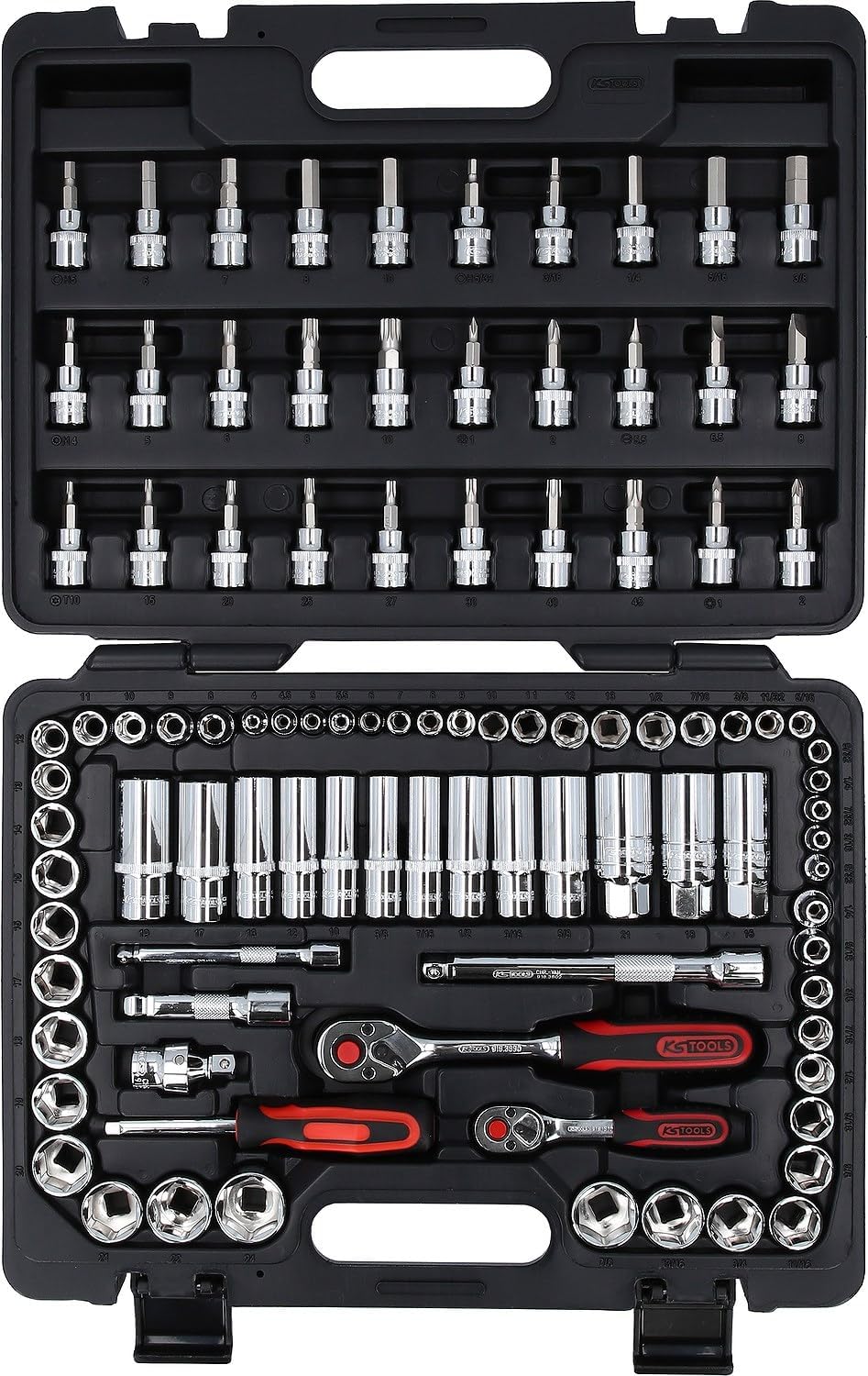 KS Tools 918.0699 1/4 Zoll + 3/8 Zoll CHROMEplus Steckschlüssel-Satz | mit 2 Umschaltknarren, 72-Zah