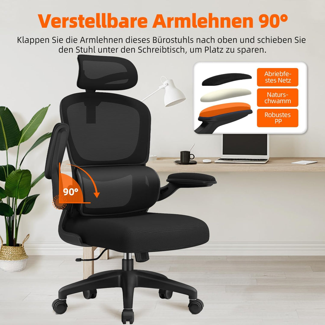 Bürostuhl, Bürostuhl Ergonomisch, Schreibtischstuhl mit 5D-Lendenwirbelstütze und Kopfstütze, 90° kl