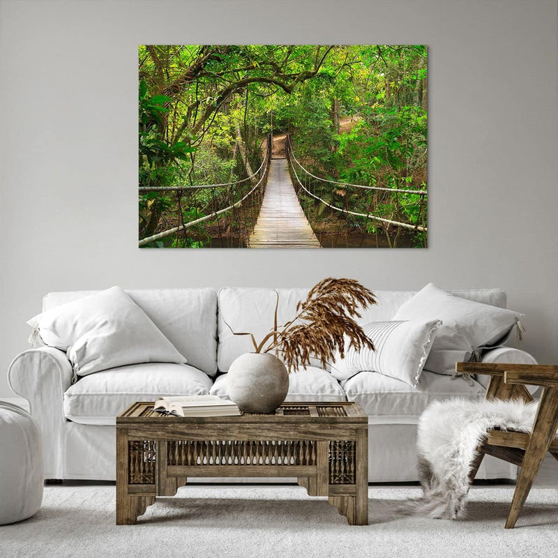 Bilder auf Leinwand 100x70cm Leinwandbild Fussgängerbrücke Wald Abenteuer Gross Wanddeko Bild Schlaf