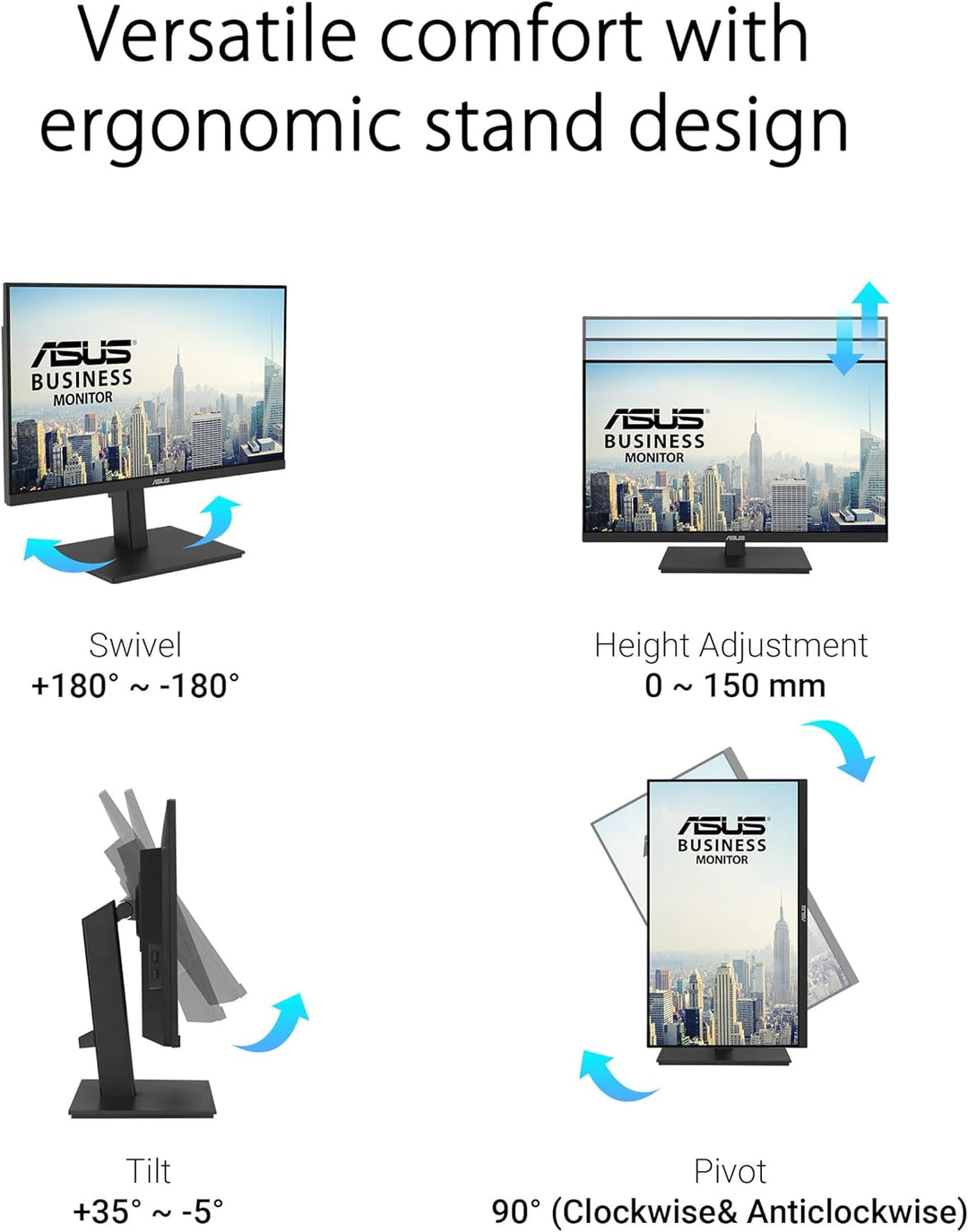 ASUS Business VA27ACFSN - 27 WQHD Monitor - Rahmenlos, ergonomisch, Flicker-Free, Blaulichtfilter, A