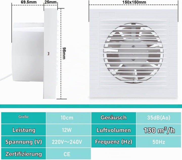 Ikodm Badlüfter 100mm Badezimmerlüfter Bad Lüfter Abluftventilator Wandmontage für Küche, Bad, Loftf