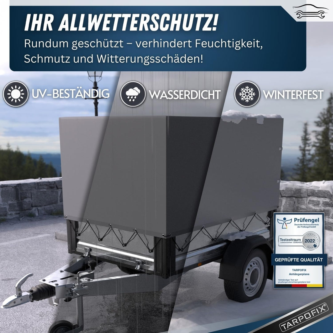 Tarpofix® Anhängerplane 208x114x90 cm inkl. Planenseil | Anhänger Plane Hochplane aus PVC PLANENMATE