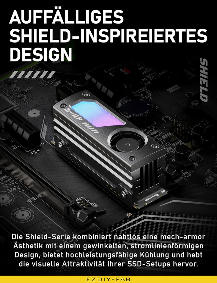 EZDIY-FAB Shield ARGB M.2 SSD-Kühler mit 20mm PWM-Lüfter, Premium-Aluminium-Design, 5V 3-Pin ARGB Sy