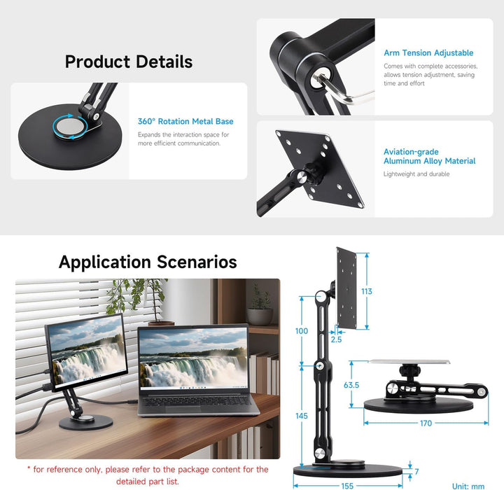 Waveshare VESA Portable Monitor Adjustable Stand, Compatible with Monitors Up to 19 Inches, Multi-Ax