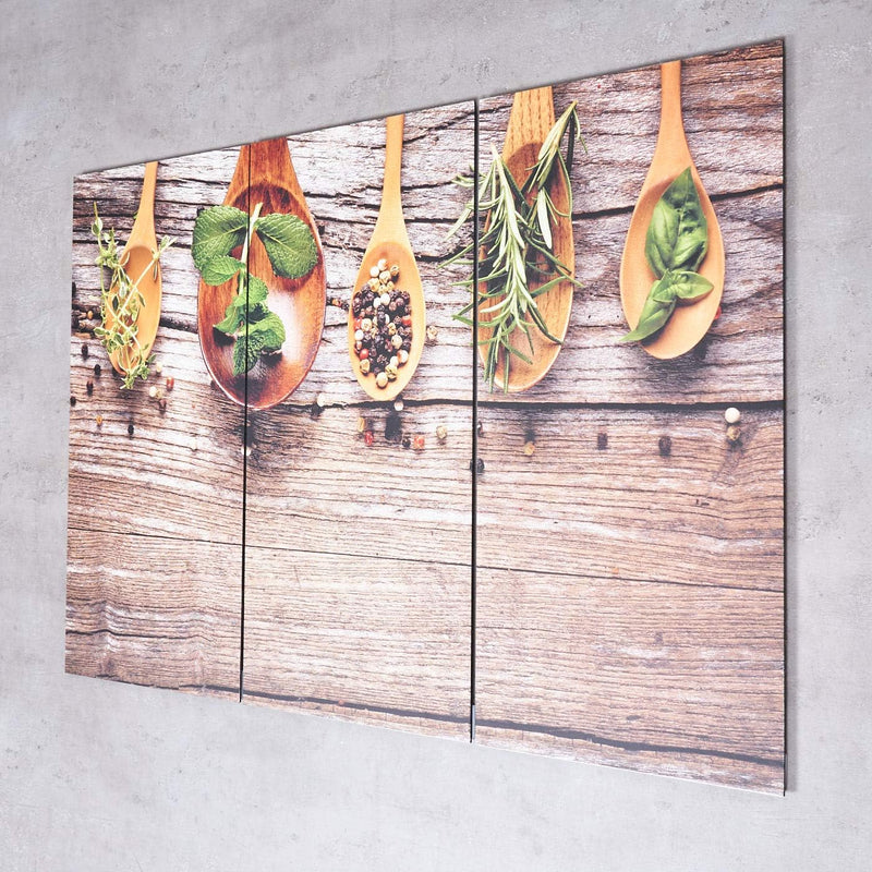 3er Set Wandbild 90x60cm Aluminium Dibond Gewürze Kräuter Löffel Küche Deko Wanddekoration Aluschild