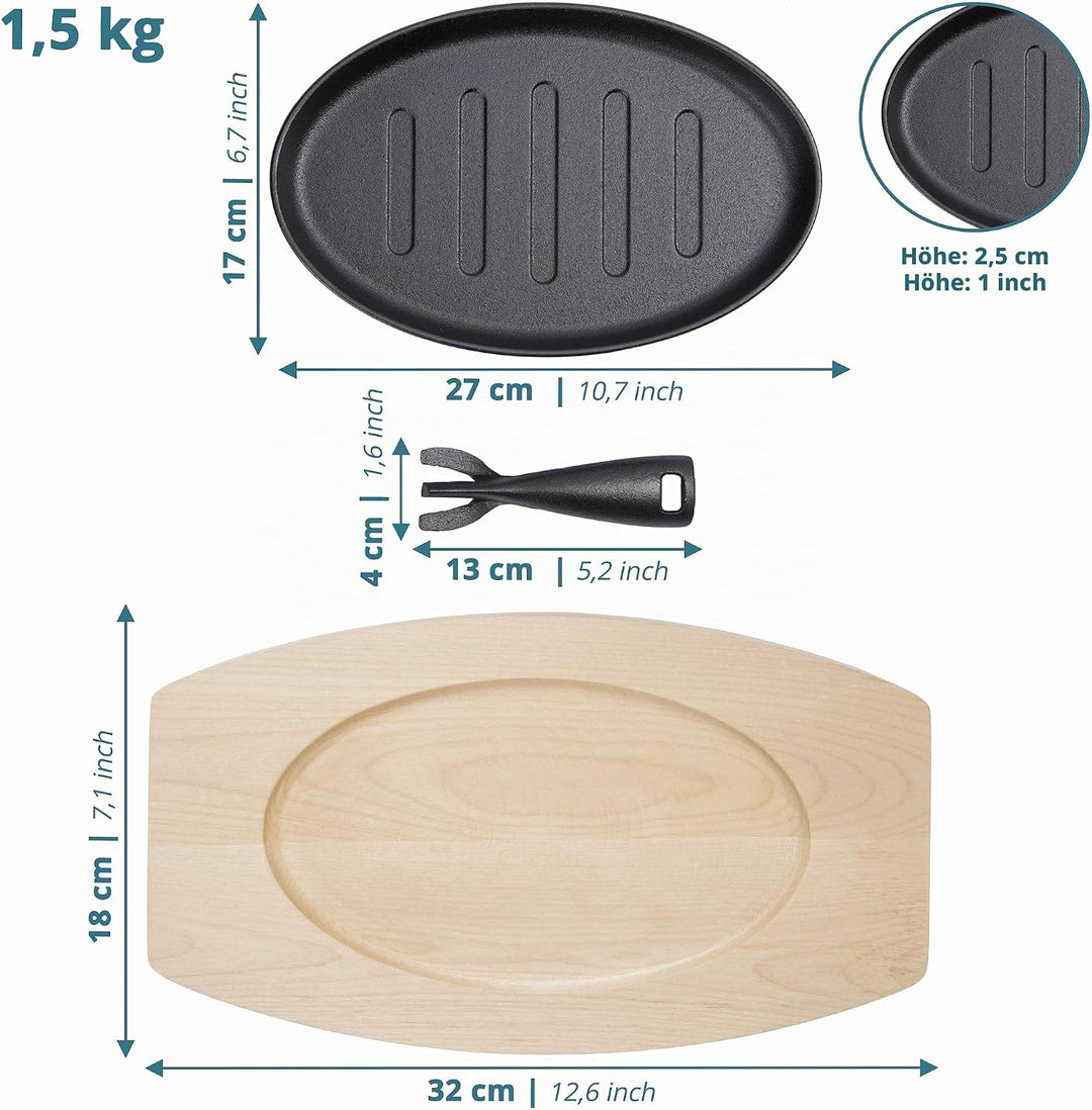 Servierpfannen aus Gusseisen extra Gross mit 27cm – Grillpfännchen inkl FSC Holzuntersetzer 32cm – S
