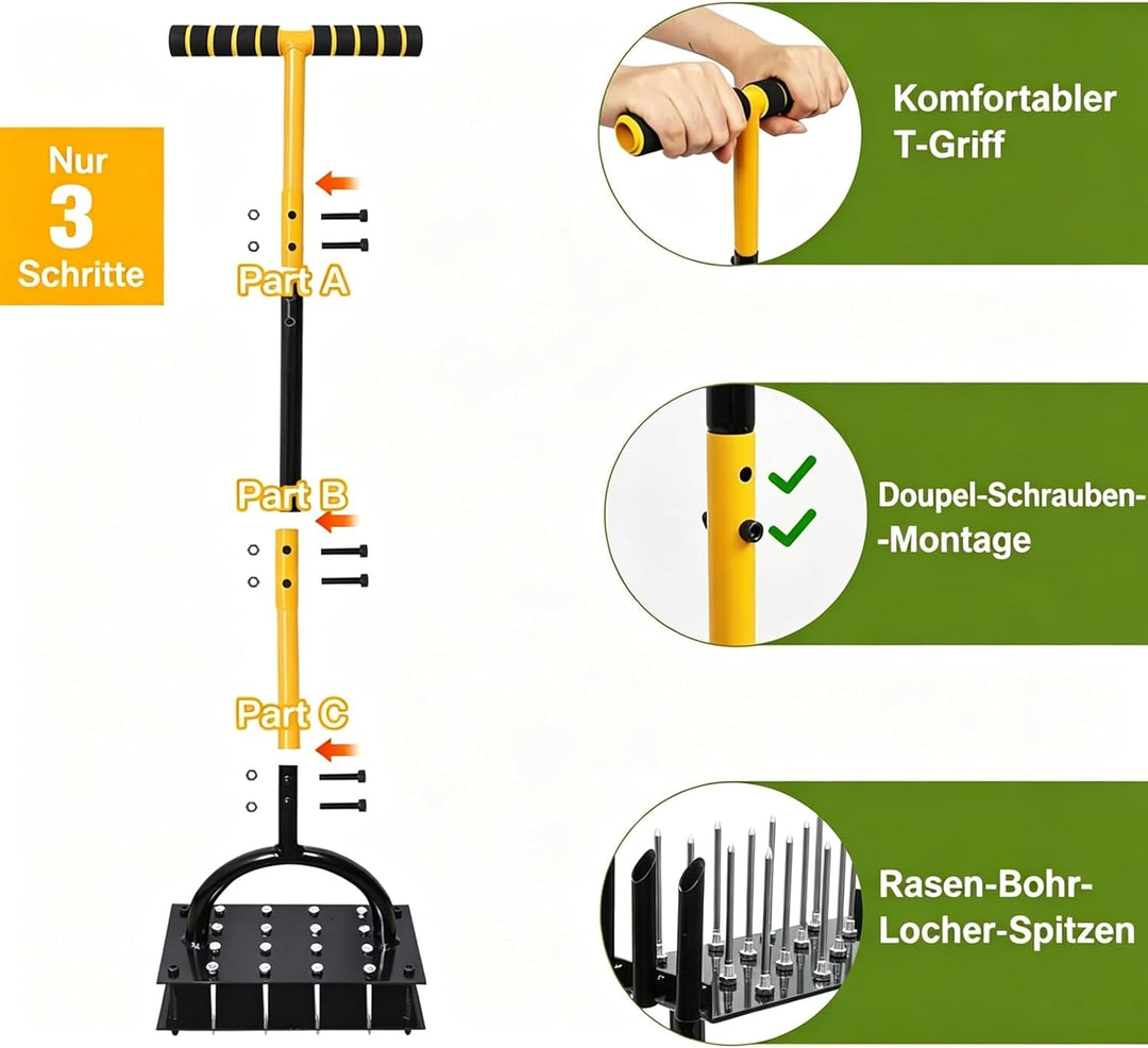 Rasenlüfter Aerifizierer für Rasen– Manuelles Rasen Belüften Gerät mit Doppelplatte, 16 Spikes& 4 Fe