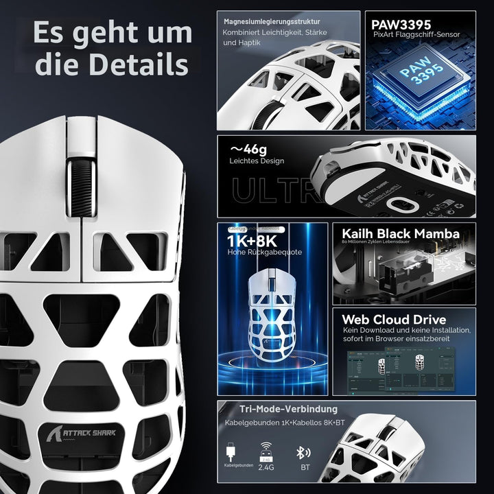 ATTACK SHARK R3 Magnesiumlegierungsmaus, kabellose 8K-Maus, 46 g SUPERLIGHT-Maus, PixArt PAW3395-Gam
