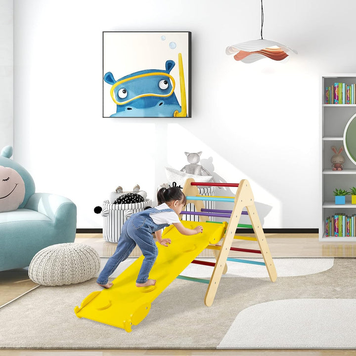 COSTWAY Kletterdreieck mit Rutsche, Klettergerüst Indoor ab 1 Jahr, Sprossendreieck Kletterrampe aus