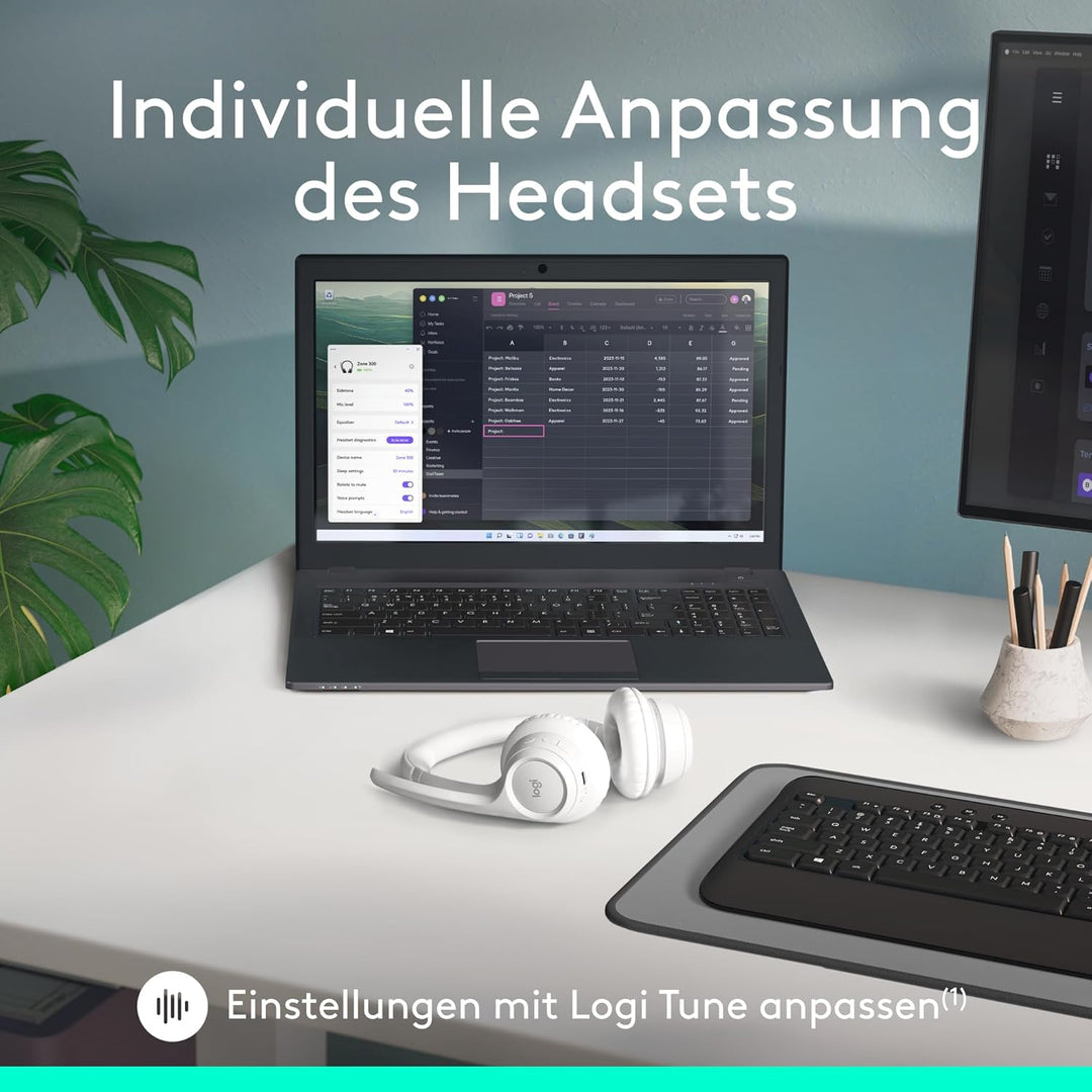 Logitech Zone 300 Wireless Bluetooth Headset mit Mikrofon inkl. Geräuschunterdrückung, kompatibel mi