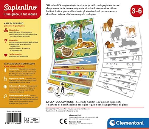 Clementoni - Sapientino Montessori 3 Jahre mit geschlagenen Karten, Lernspiel zum Lernen von Tieren,