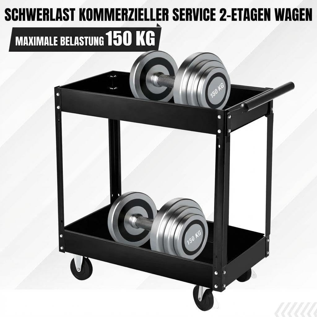 Werkzeugwagen Rollbar 2 Ebenen, Bis 150 kg Belastbar, Metall Werkstattwagen Mit Rollen, Schwerlast S