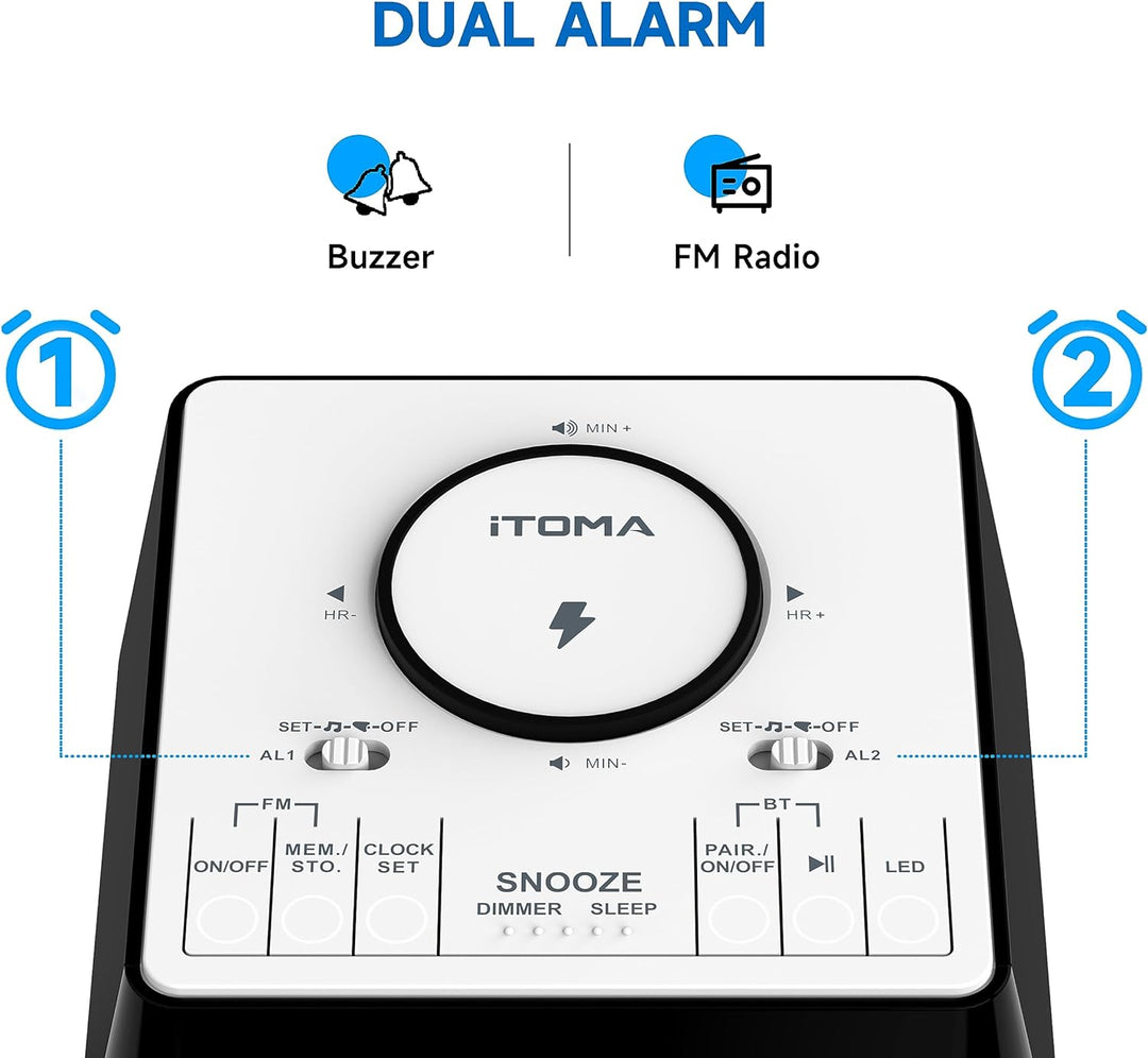 iTOMA Radiowecker mit USB-Ladegerät, Bluetooth-Lautsprecher, Nachttisch FM Radio, Dual Alarm mit Sno