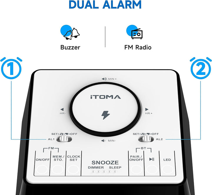 iTOMA Radiowecker mit USB-Ladegerät, Bluetooth-Lautsprecher, Nachttisch FM Radio, Dual Alarm mit Sno