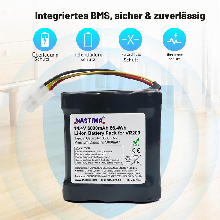 NASTIMA 14,4V 6000mAh Li-Ion Akku Kompatibel mit Vorwerk Kobold VR200, Art.-Nr. 20884-1, 4NCR18650P2